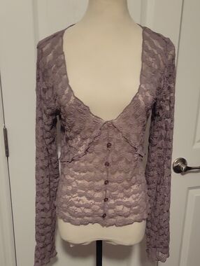 Self Esteem Sheer Lace Button-Front Top in Mauve